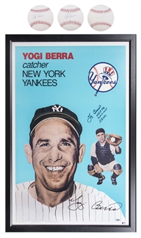 Lot of (4) Yogi Berra Signed Items Including a 1958 Signed, Inscribed, and Framed 26.5x38.5" Poster and (3) Signed OML Selig Baseballs (JSA Auction LOA)